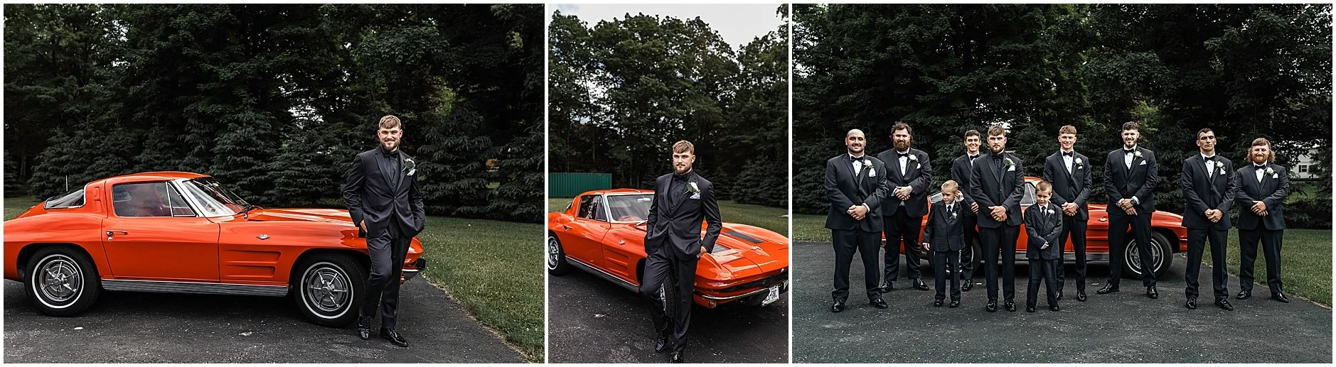 Timeless shots of the groom and groomsmen with a vintage orange car at an Upstate, NY spring wedding.