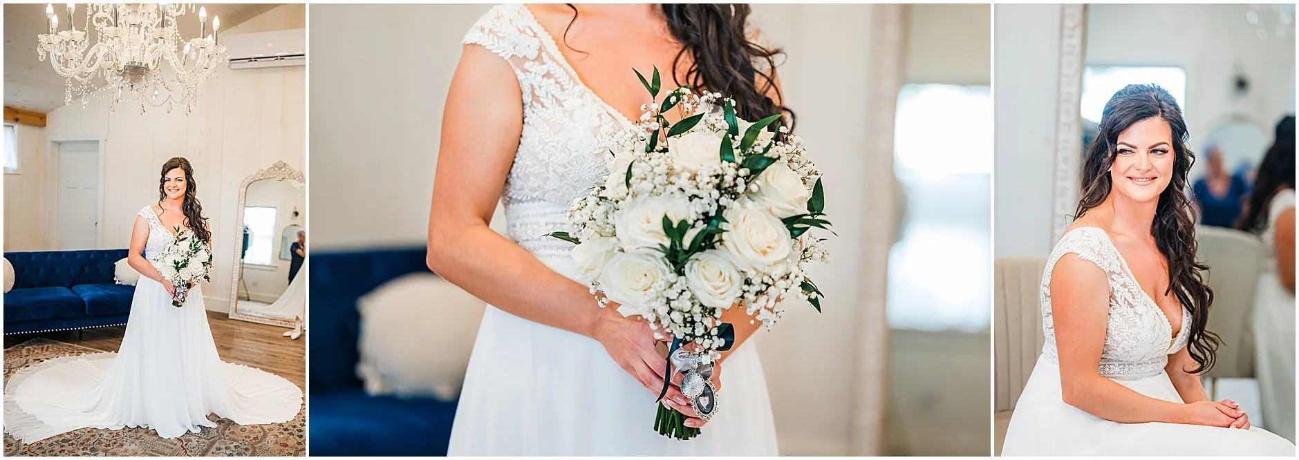 Bridal portraits inside the getting ready space at The Rosemary at Spano Lake in Upstate New York