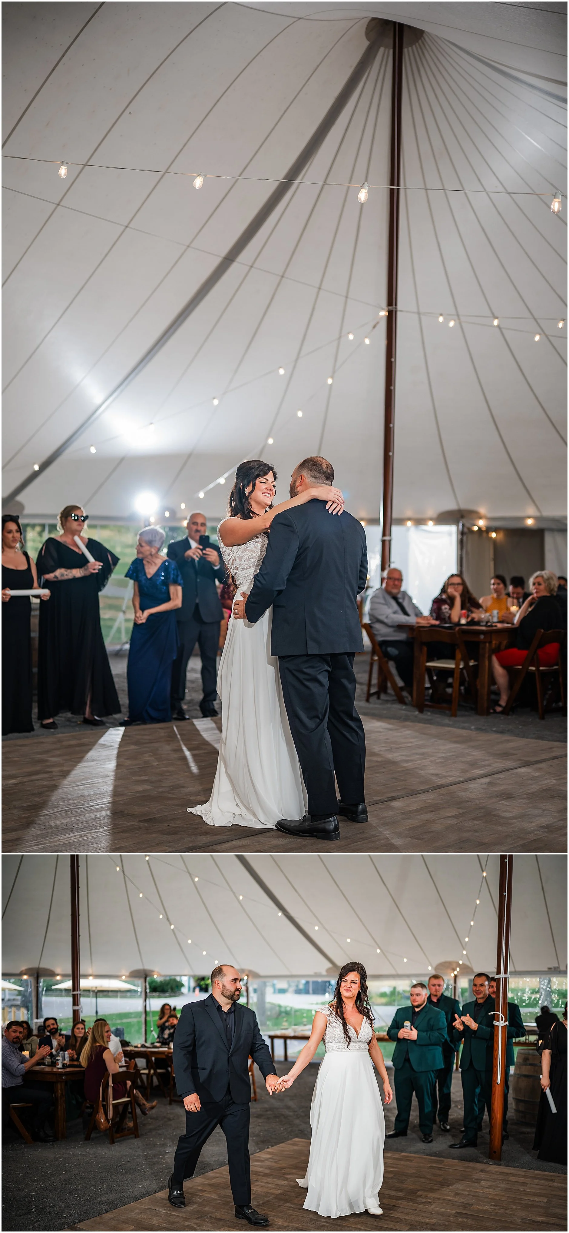 Newlyweds sharing a first dance under their tented reception space at The Rosemary at Spano Lake