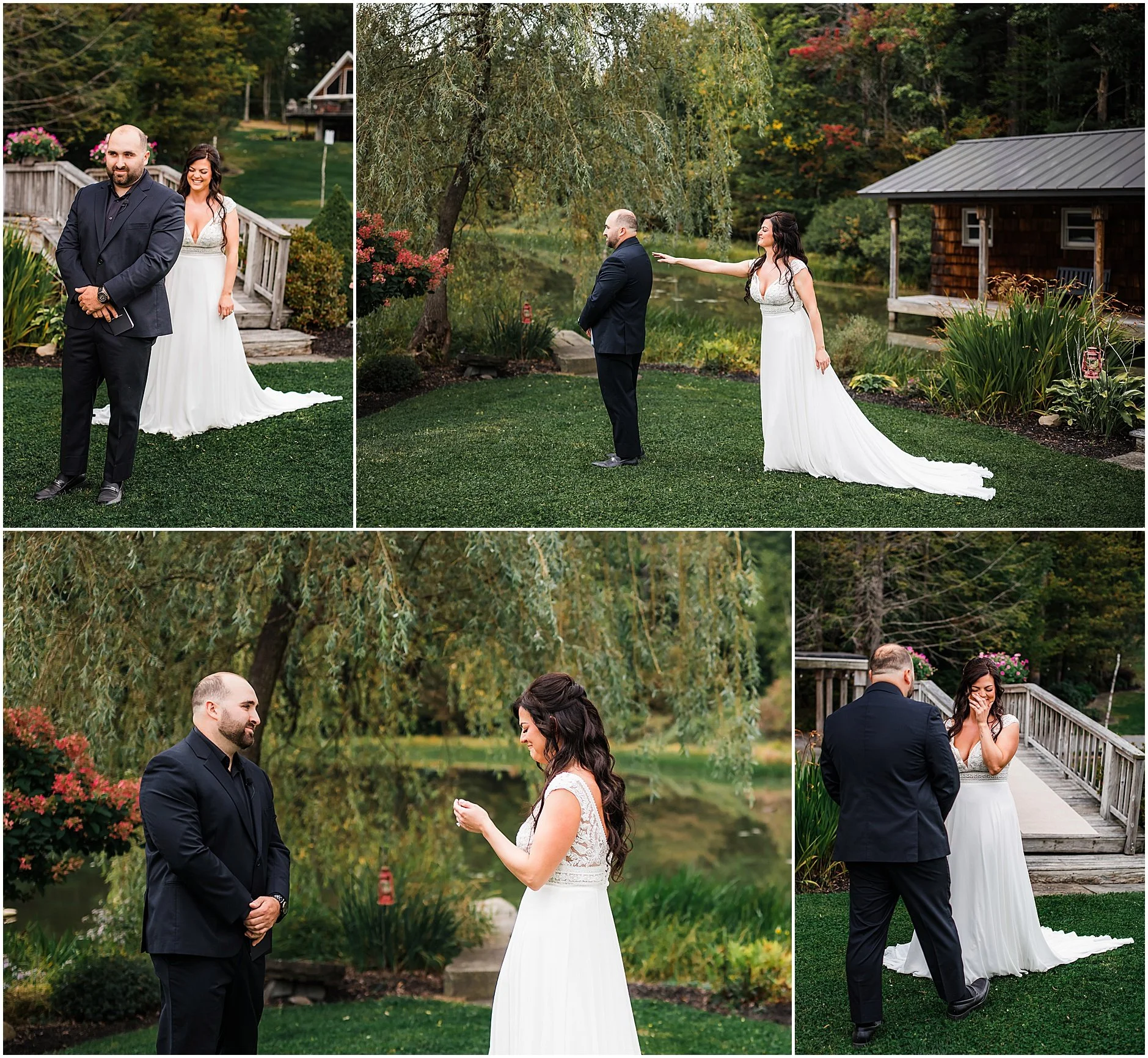 Bride and groom sharing an emotional first look by the water at The Rosemary at Spano Lake in Cooperstown New York