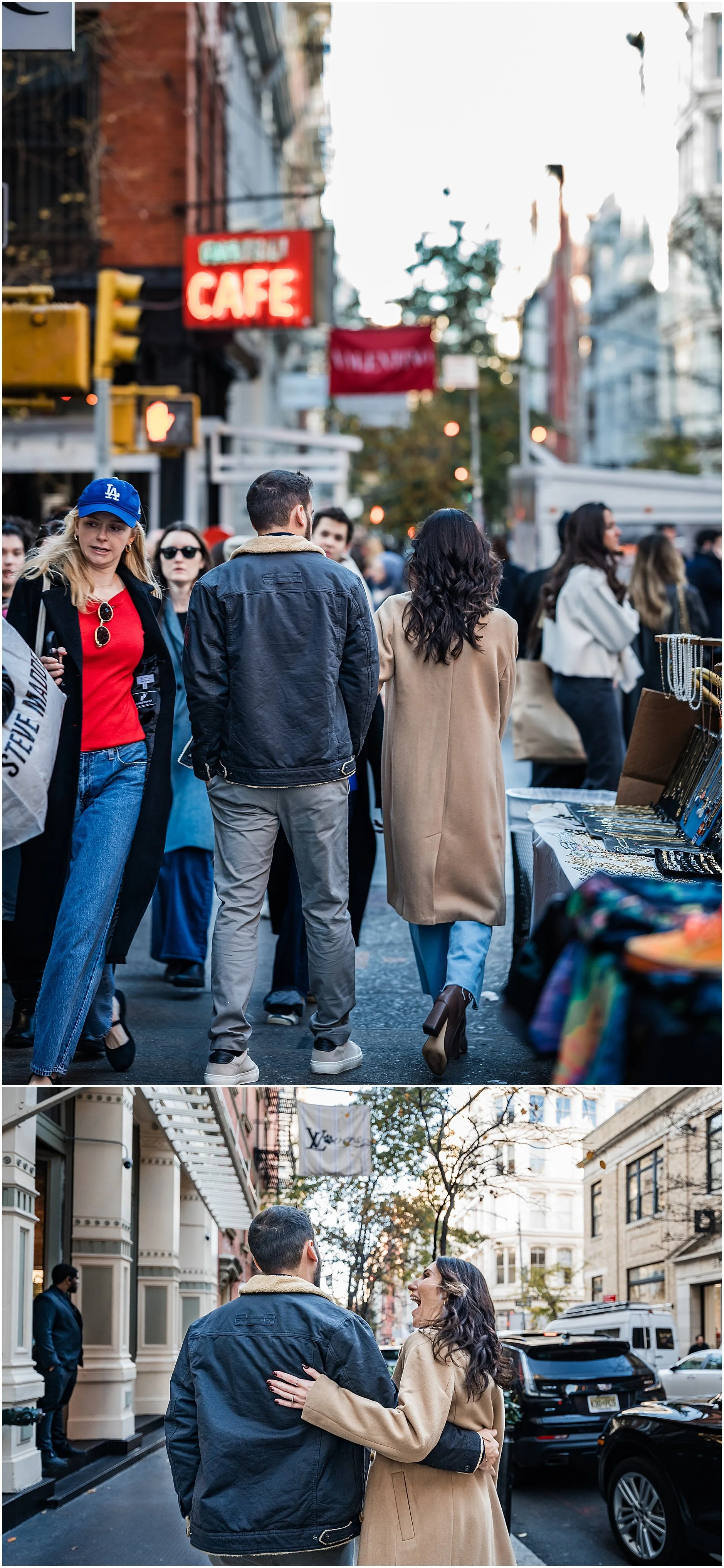 Couple walking through Soho during New York City engagement session
