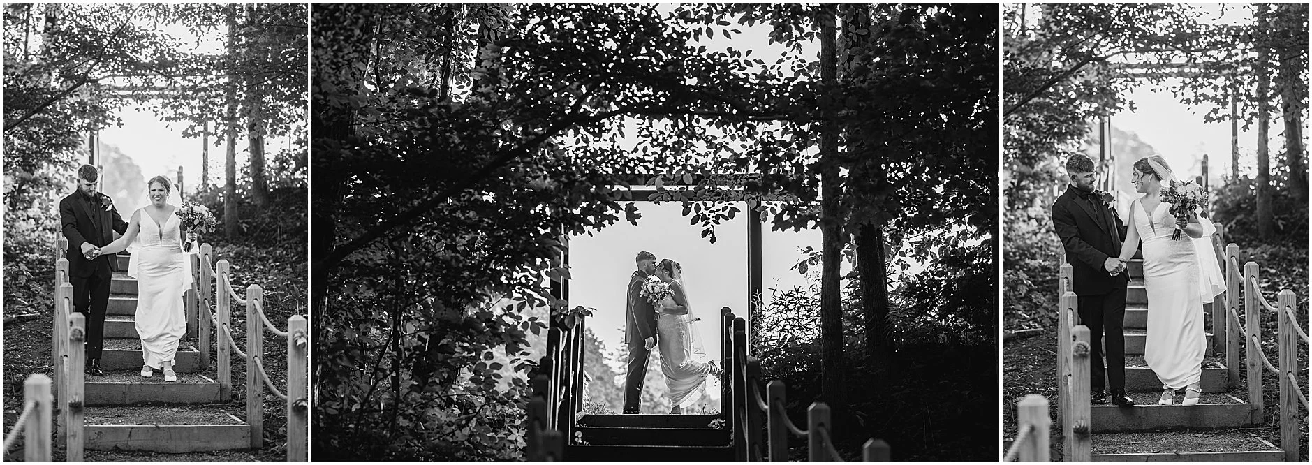 Black and white set of images of the bride and groom sharing quiet moments together after the ceremony.