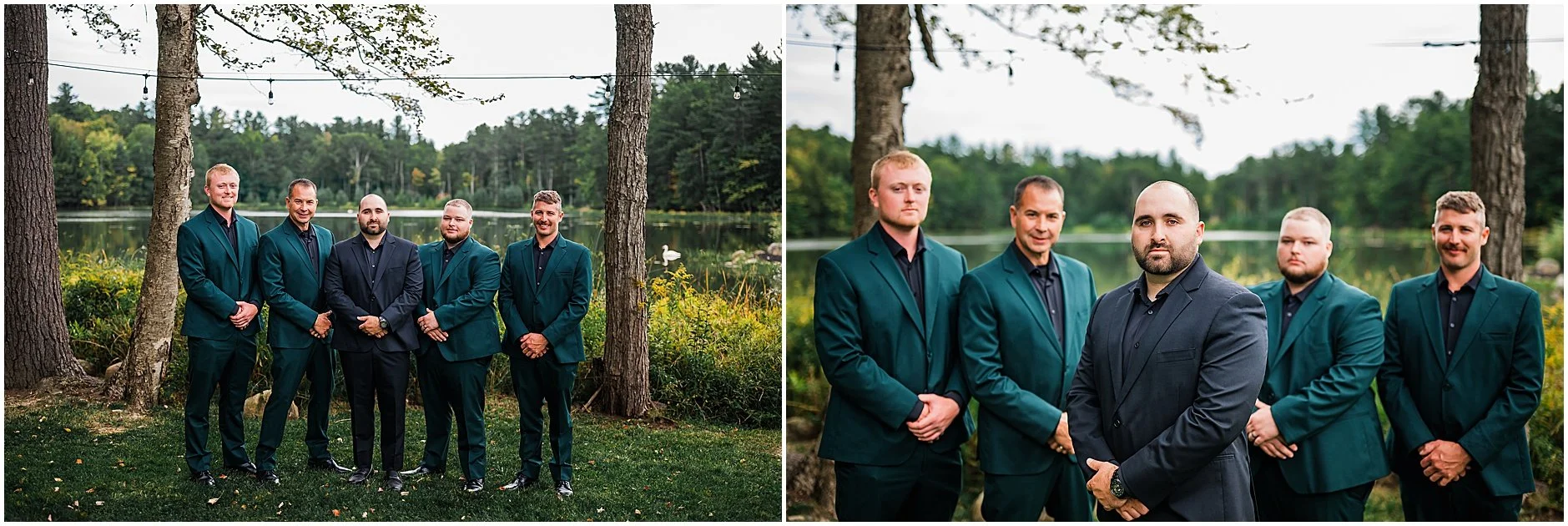 Lakeside portraits of groom and his groomsmen