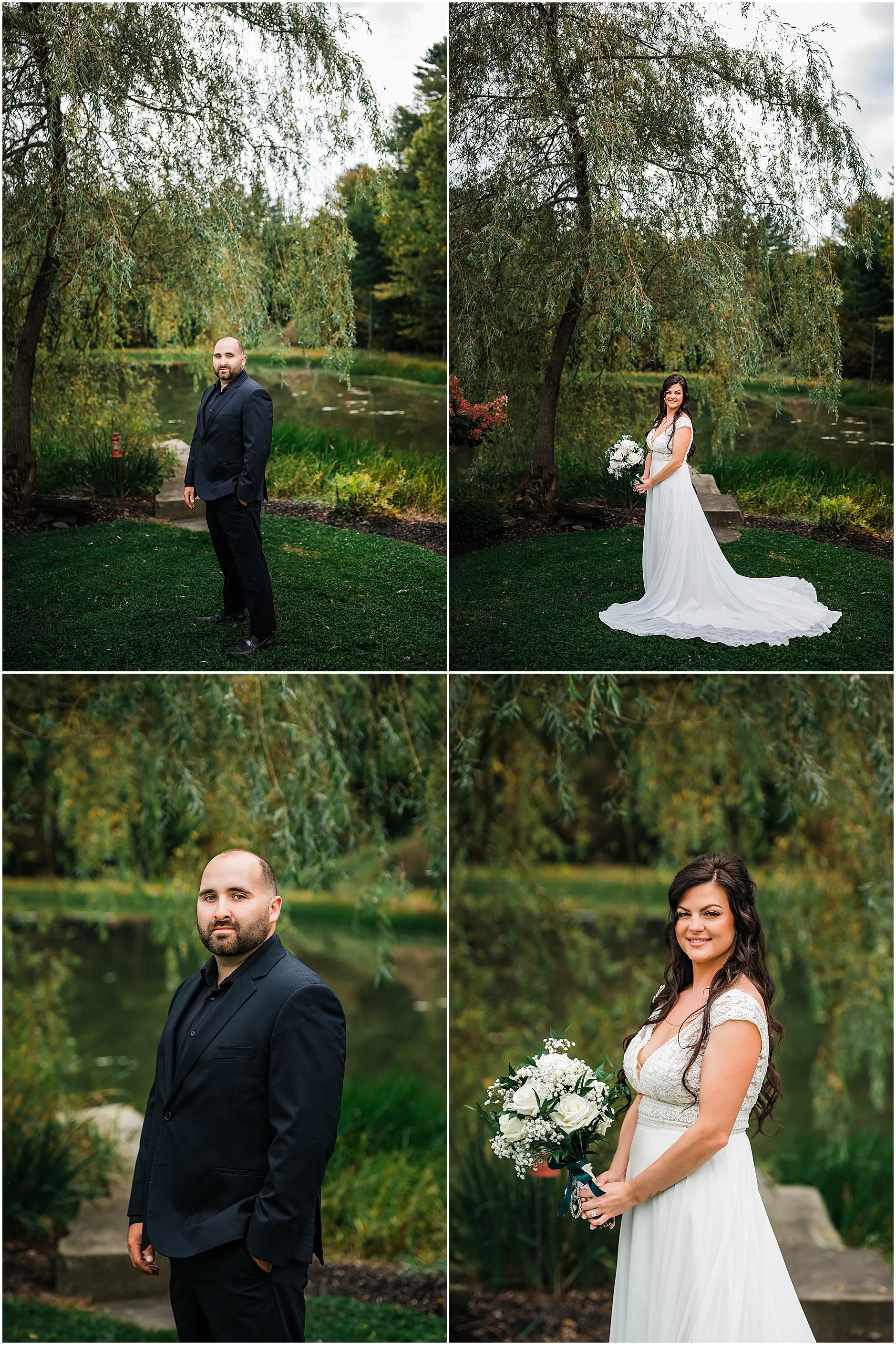 Portraits of bride and groom under willow tree by the water at The Rosemary at Spano Lake in Upstate New York