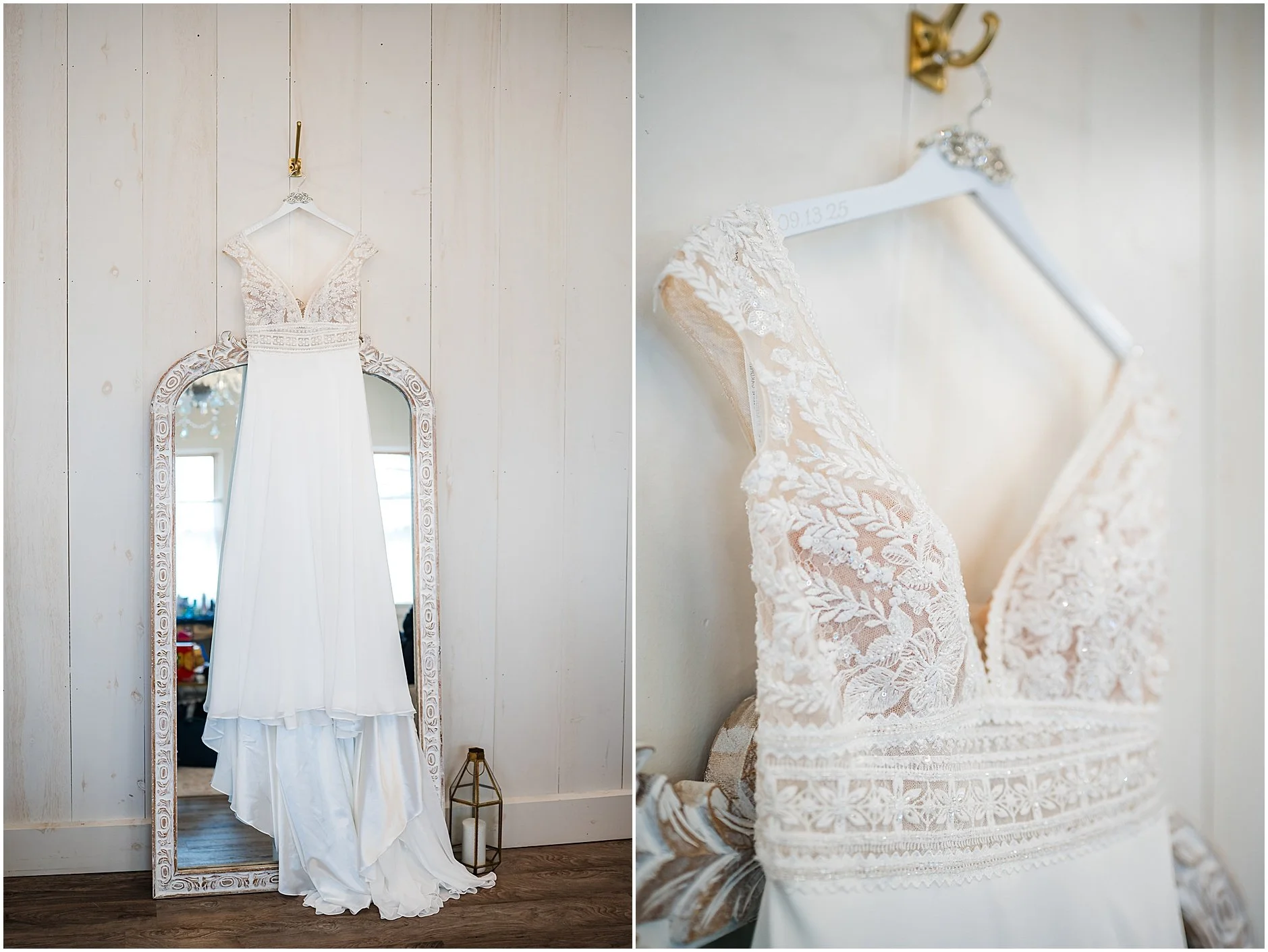 Cooperstown bride's dress hanging against a white wall and mirror before the wedding at The Rosemary at Spano Lake in Upstate New York