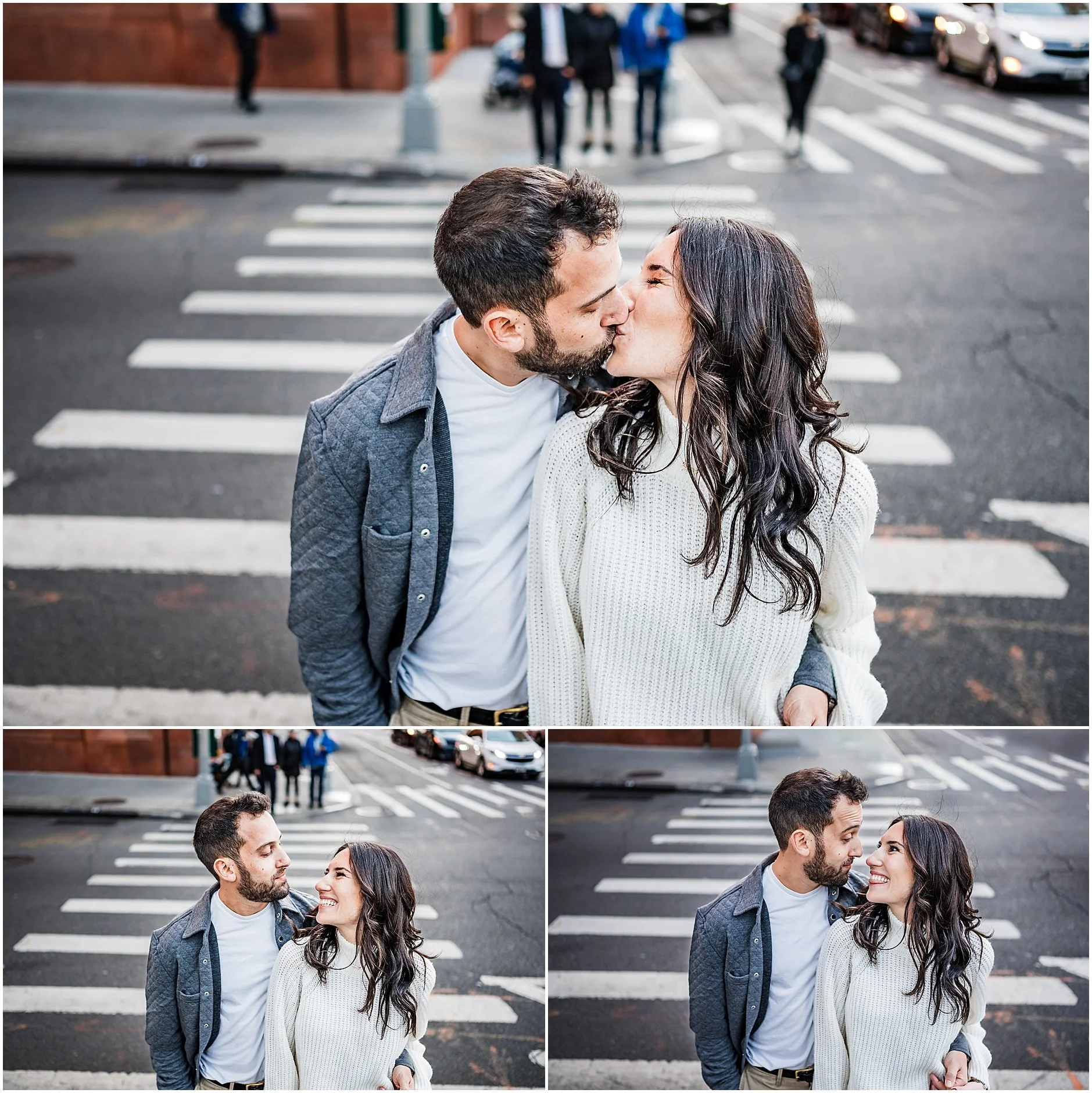 Fun-loving engagement portraits in the crosswalk in Soho a Manhattan neighborhood