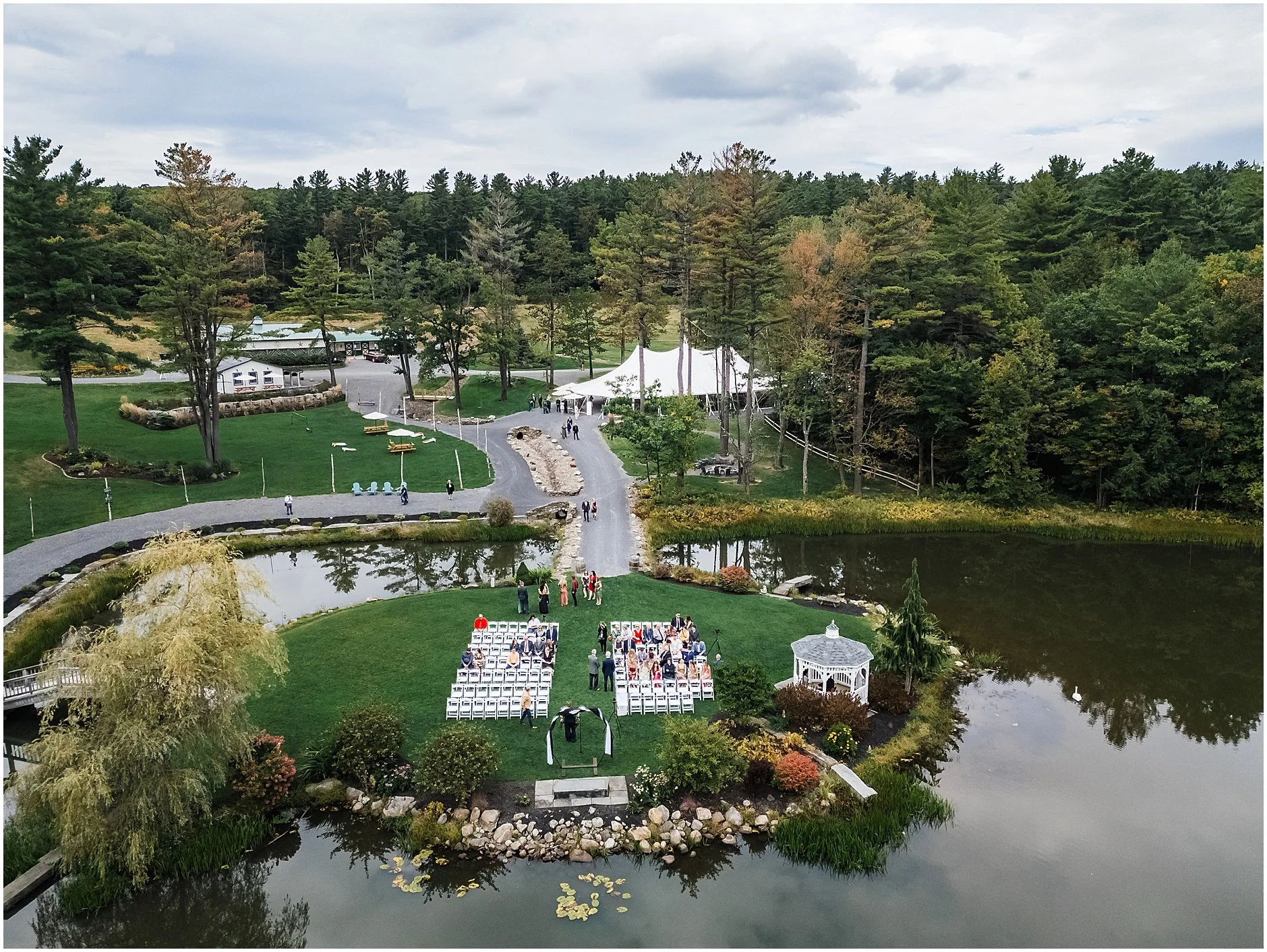 Aerial image of guests arriving to wedding ceremony at The Rosemary at Spano Lake