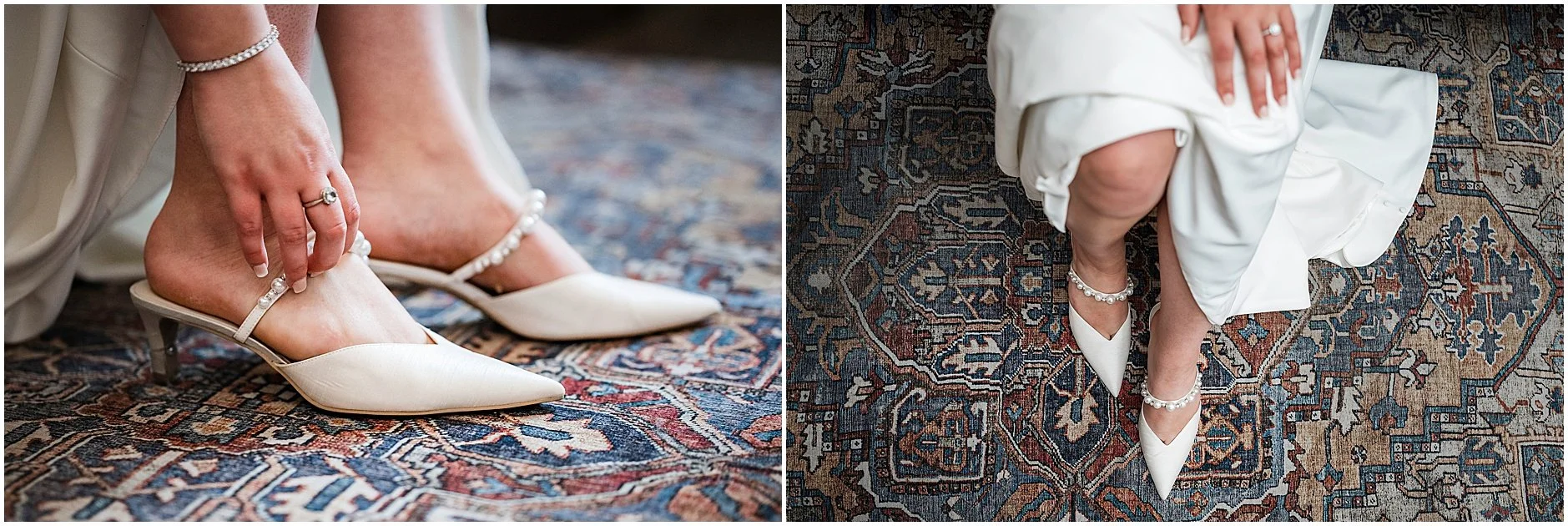 Upstate, NY bride putting her shoes on before walking down the aisle for her spring wedding.