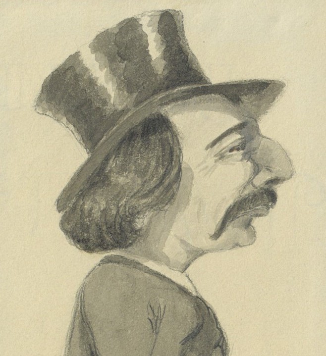 Contemporary caricature of Jules Amédée Barbey d’Aurevilly by “L’Héritier” (Romain Thomas)