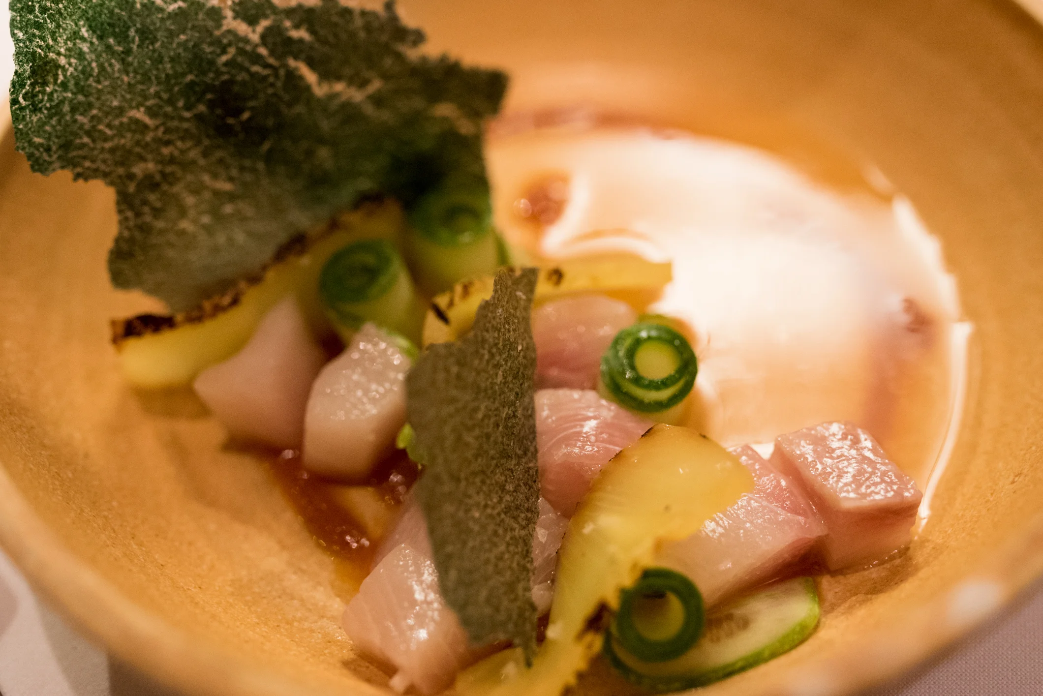 Baja hiramasa yellowtail, pineapple two ways, achiote infused agave @Topolobampo, Chicago, IL