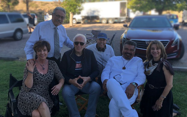 Standing is Edward James Olmos. Seated left to right is: Kathleen Quinlan, Spencer, Director Ross Marks, George Lopez and Jackelyn Viera Iloff