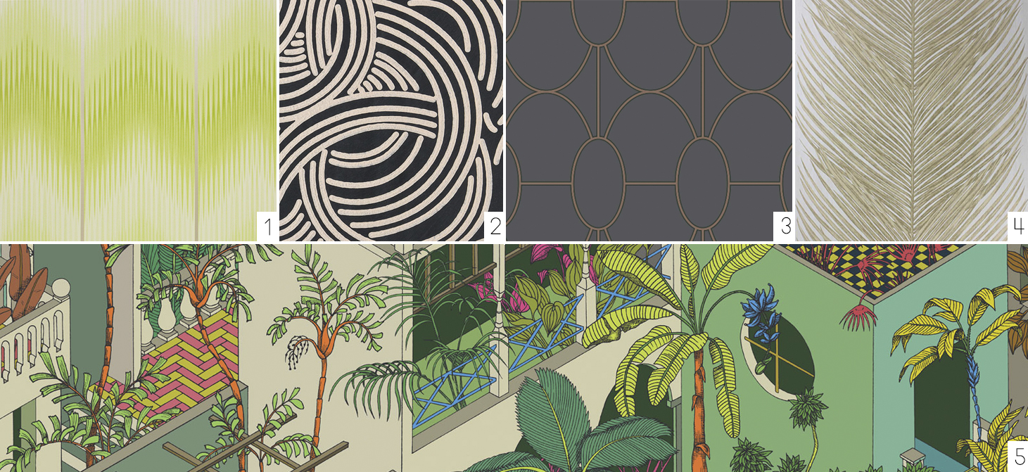 Source (left to right): Osborne & Little, Cubana Papers Danzon ; Farrow & Ball, Tourbillon; Cole & Son, Geometric II Riviera ; Osborne & Little Rosslyn Papers May Fern; and bottom row, Cole & Sons, Geometric II Miami.