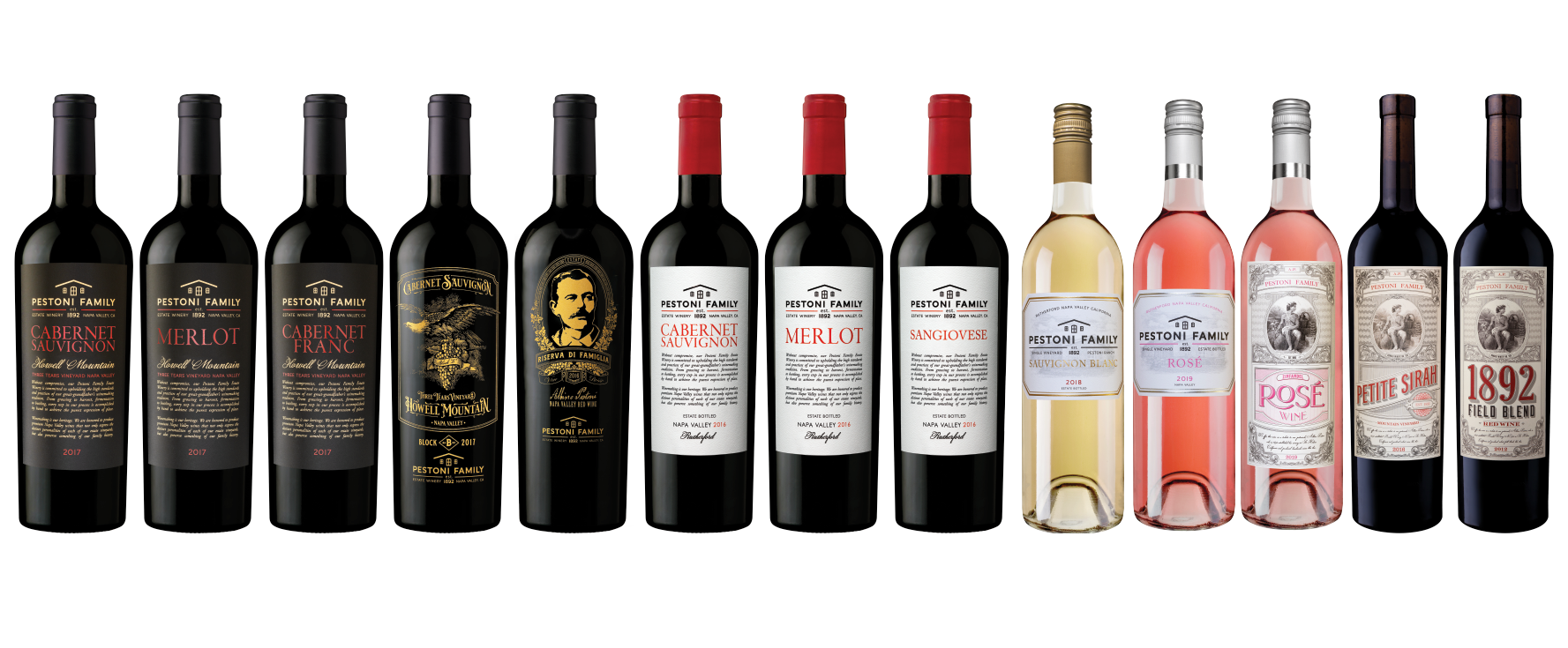 Pestoni Family Estate WInery and Vineyard label line up.