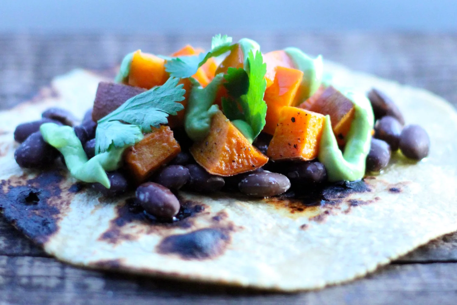 Roasted Sweet Potato, Black Bean &amp; Pickled Persimmon Tacos
