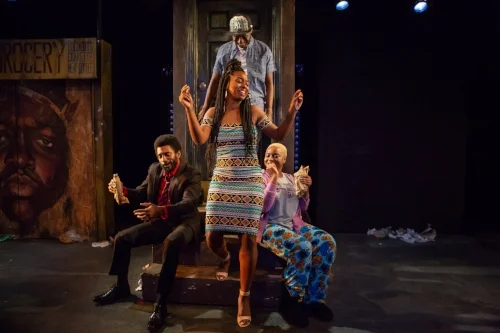 Roland Lane, Alana Raquel Bowers, Michael Oloyede, and Tanyamaria in SCRAPS at The Flea Theater, photo by Hunter Canning