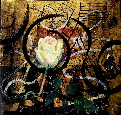MESSAGEolja, akryl och slagmetall 25x26cm 2002