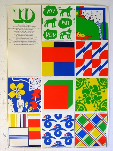 10-gruppens första affisch 70x100cm. Den visar kvadrater av vars och ens upptryckta tyg, som vi ska ha till försäljning i egen lokal i centrala Stockholm. Året var 1971