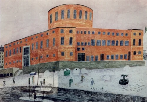 STADSBIBLIOTEKET SETT FRÅN ODENGATAN akvarell 25x36cm 1995