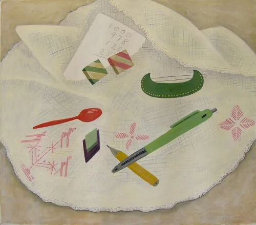 PENNOR, BRICKDUK OCH HÅRSPÄNNE olja på duk 80x70cm 1976