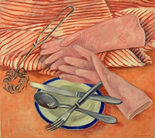 GUMMIHANDSKAR OCH BESTICK MOT RÖD BAKGRUND olja på duk 55x50cm 1978