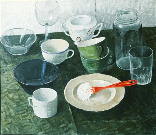 DISKBORSTE, GLAS OCH PORSLIN olja på duk 115x100cm 1978
