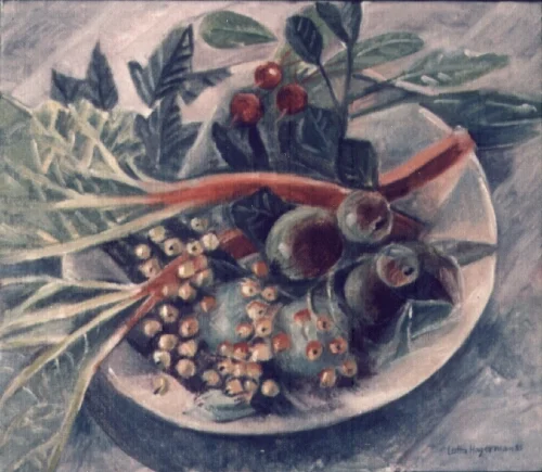 FAT MED RABARBER OCH ANNAT olja på duk 35x40cm 1985