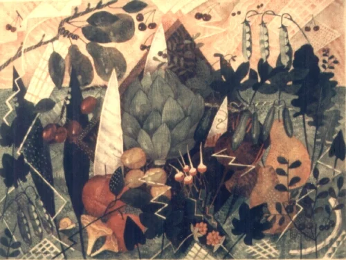 KOMPOSITION MED KRONÄRTSKOCKA akvarell 43x57cm 1986