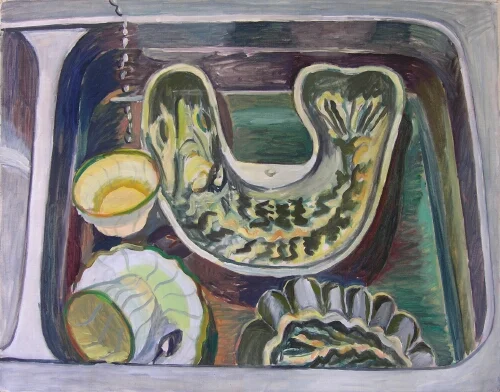 BAKFORMAR I DISKHON olja på duk 68x53cm 1966