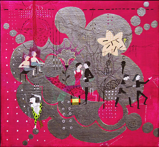 RUBY vinylfärg på duk 27x25cm 2008 Månskensparty? Kan vi föreställa oss att bo däruppe?