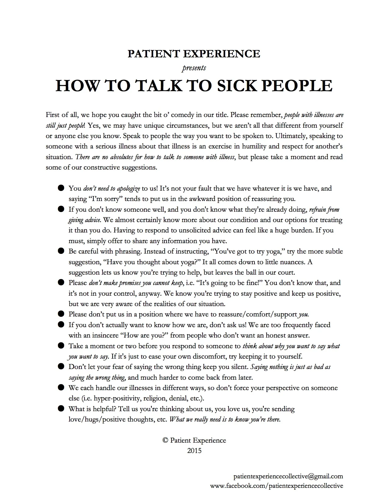 How to Talk to Sick People , Patient Experience