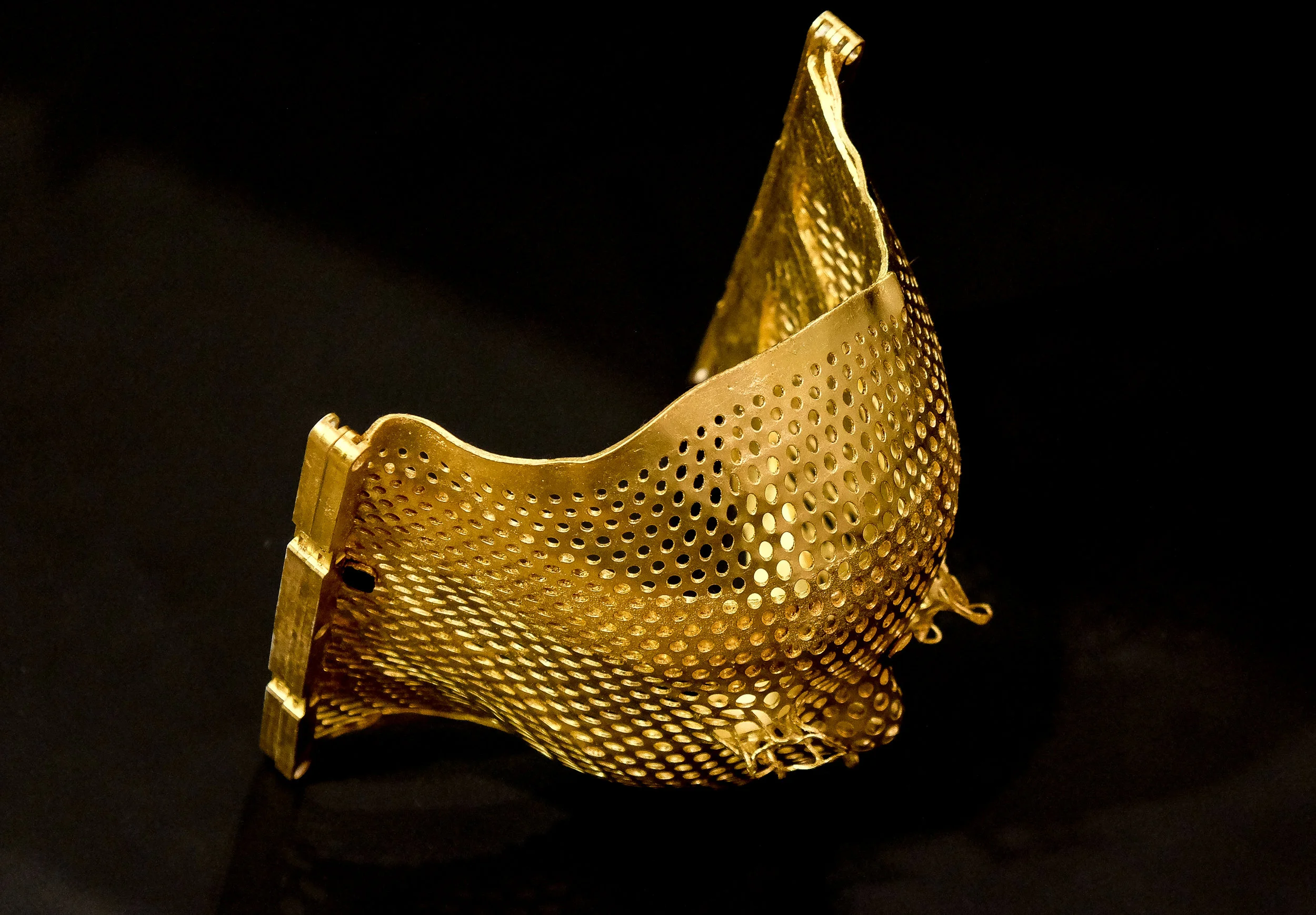 Funeral Mask , Artist’s radiation mask, 24k gold leaf, lapis lazuli, 15 x 12 x 10”, 2017