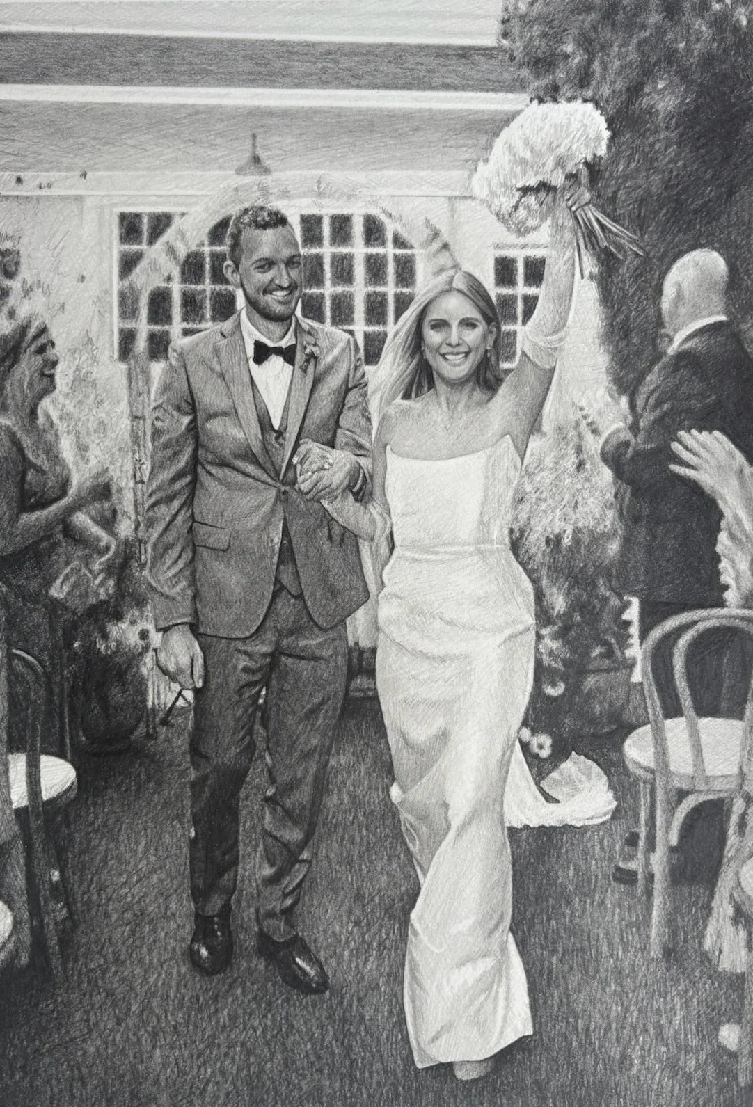   Untitled (Sophia and Lucas' Wedding) , 2025, graphite pencil on paper, 13 15/16 x 9 5/8" 