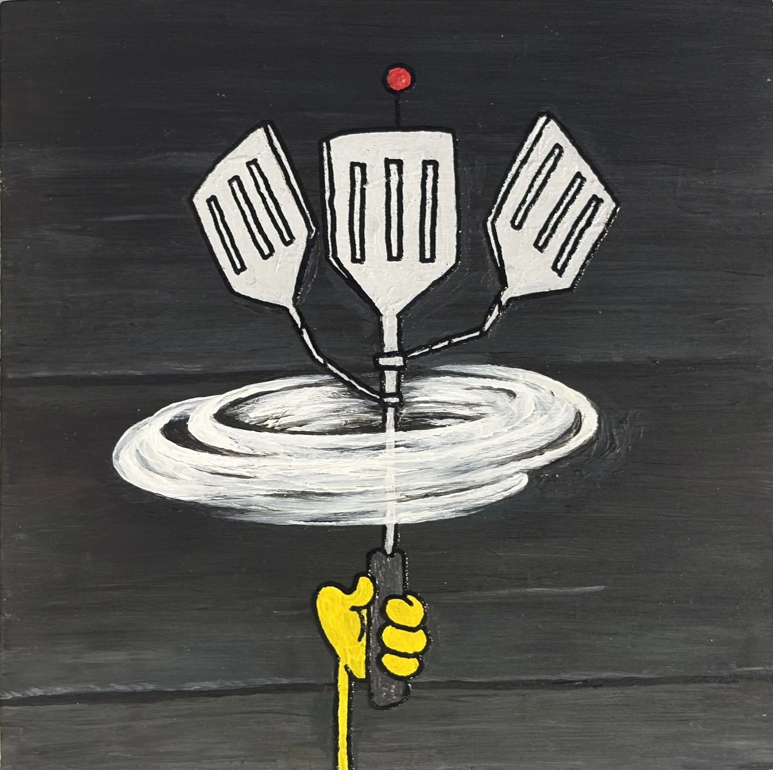   Hydrodynamic Spatula with Port and Starboad Attachments (And Don't Forget the Turbo Drive) , 2025, acrylic paint and embossing powder on wood panel, 8 x 8”  *SOLD* 