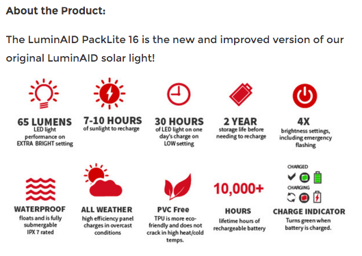 Taken directly from LuminAID.com