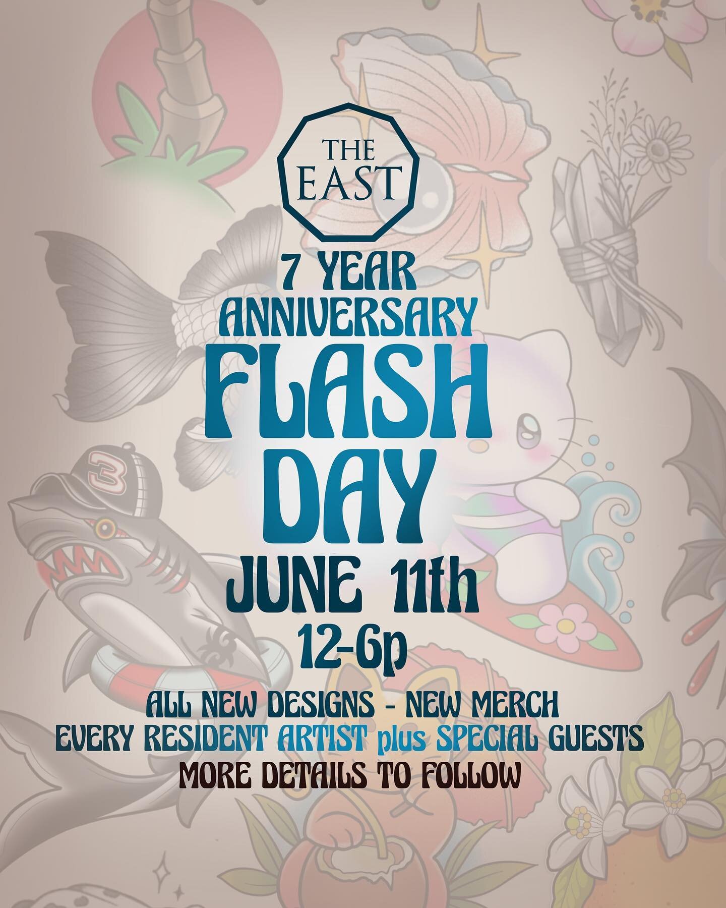 We&rsquo;d like to welcome you to our 7 Year Anniversary Flash Day! 

More than a dozen artists tattooing from a giant sheet of original ALL NEW flash designs. ✏️ 

ALL of our resident artists are participating, so this would be a great time to skip 