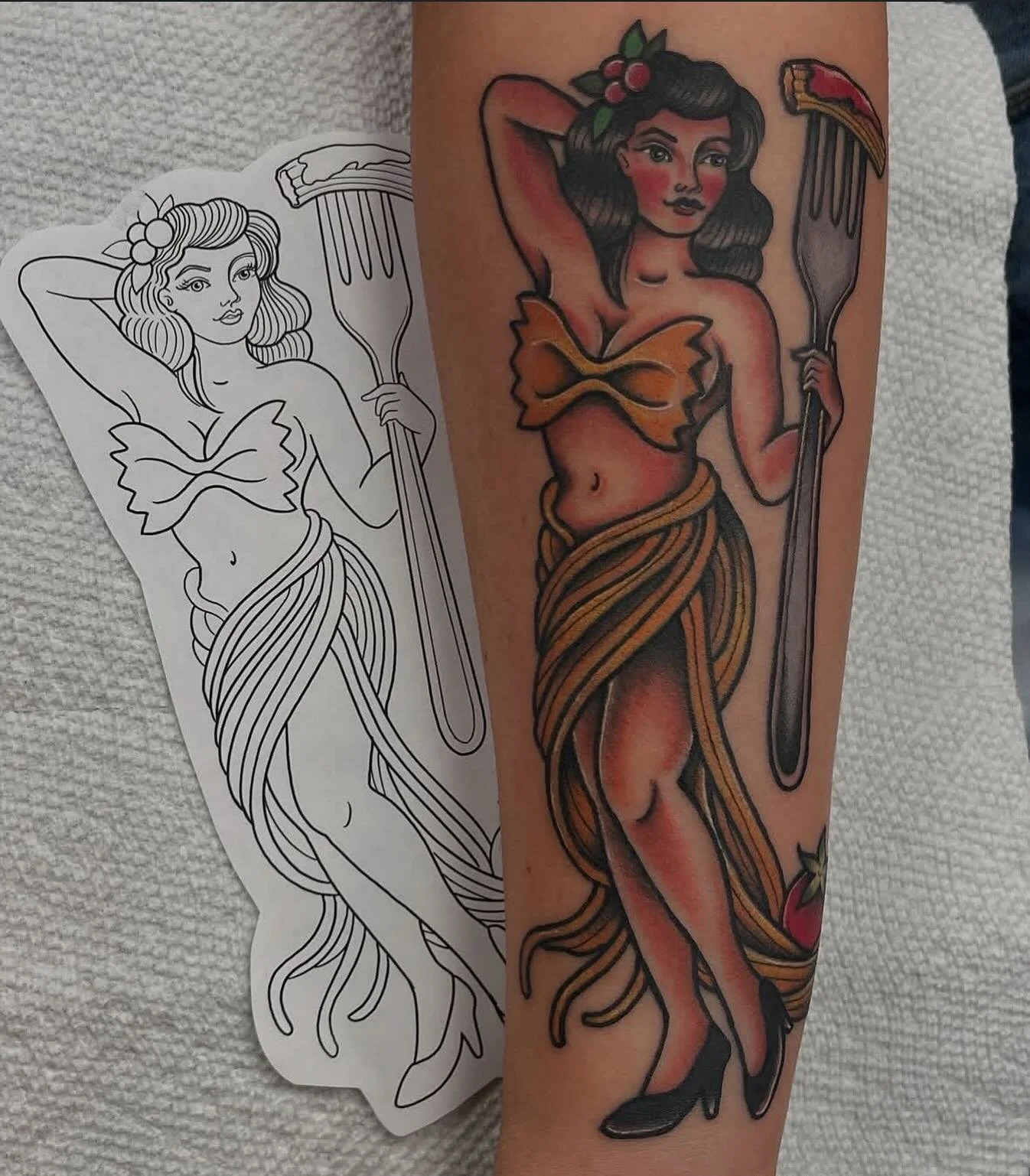 Pasta Pin Up 🍝 by @derektattooer