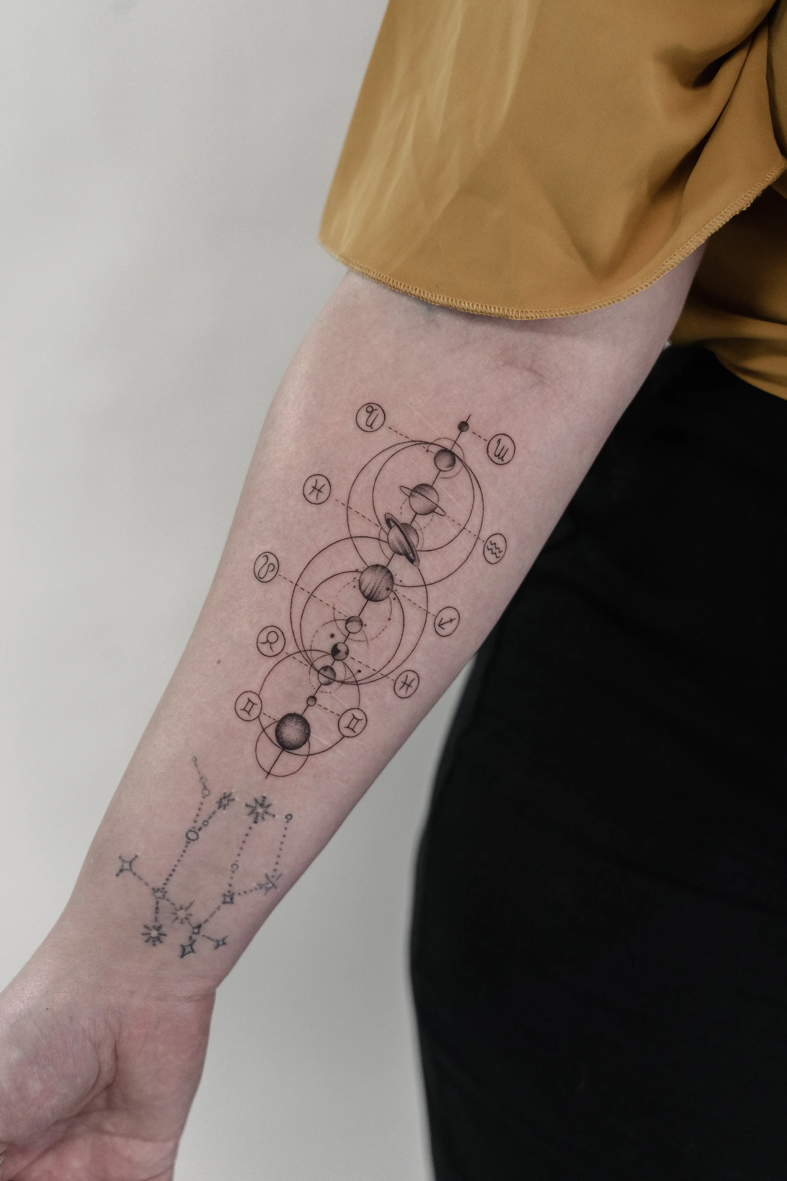 Astrology Fine Line Tattoo by Gabe Feliciano at The East Tattoo in Orlando Florida 