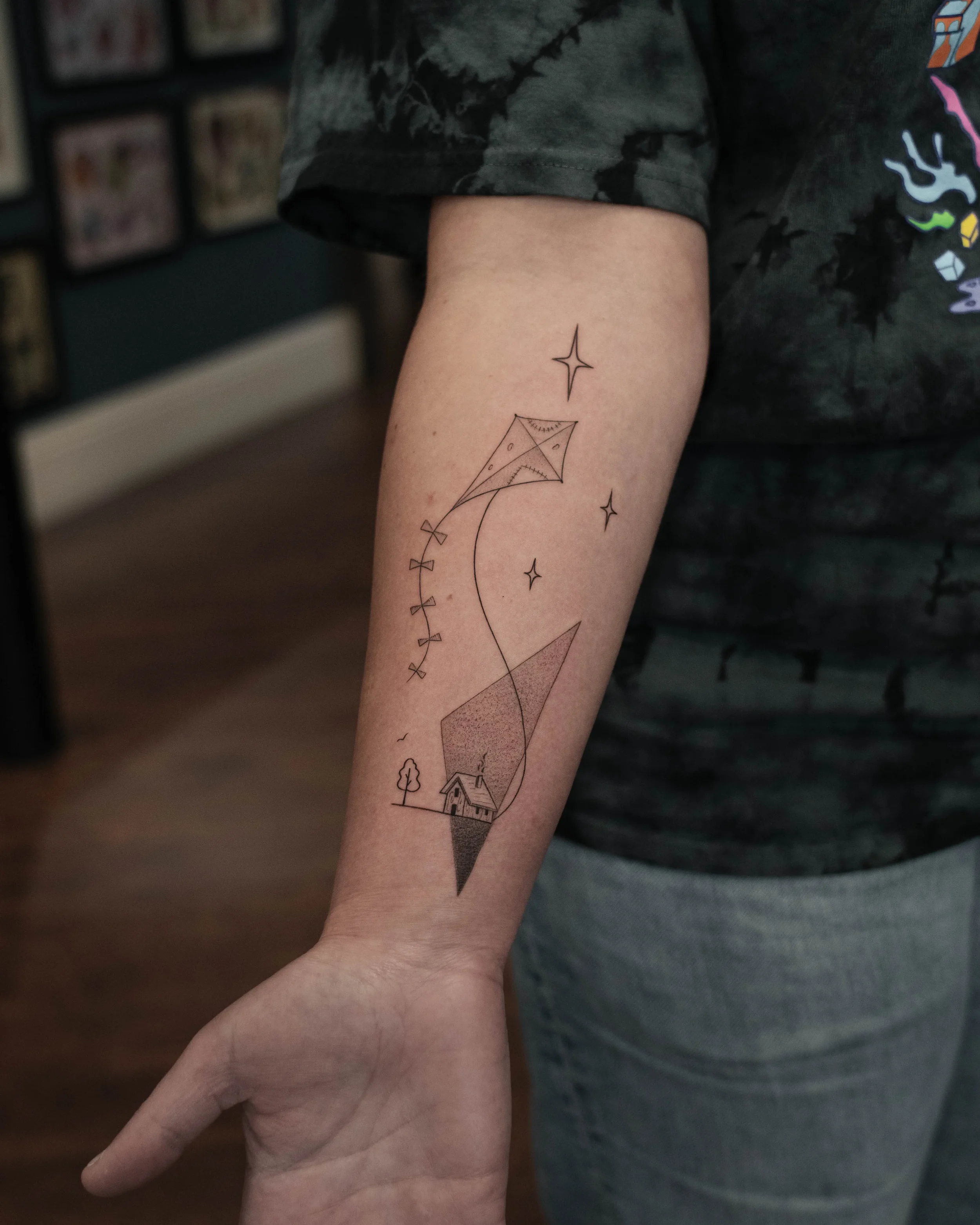 Kite and House Fine Line Tattoo by Gabe Feliciano at The East Tattoo in Orlando Florida 