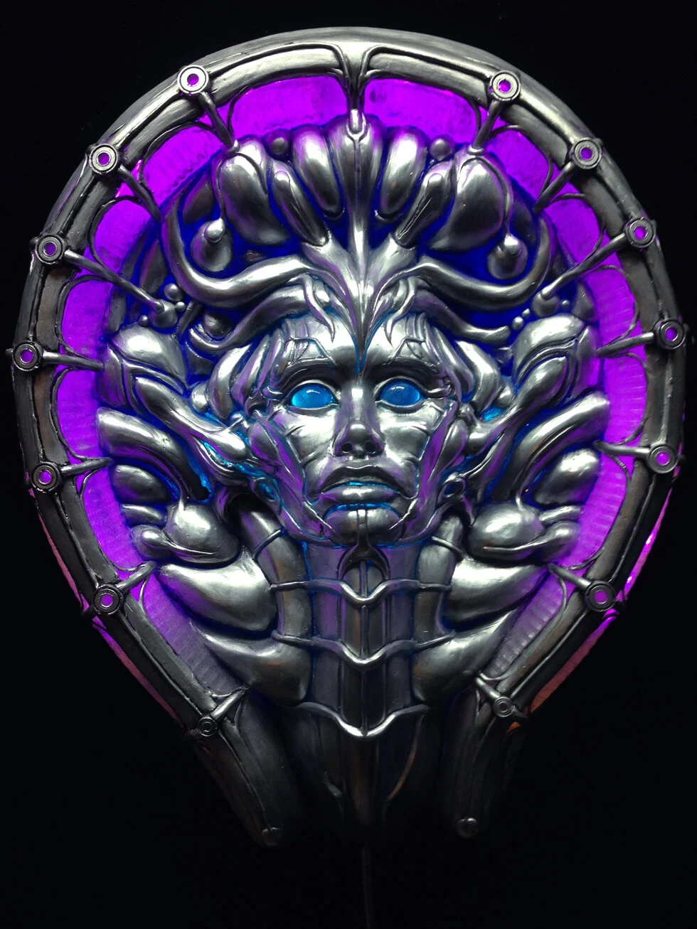 After the long process of molding, casting, engineering the paint and mounting lights,” Bliss”, comes to life! The color changing effect on the outer rim is hypnotic while the center blue area remains a solid vibrant blue. She hung in Santa Monica’s Copro Gallery 25th anniversary group show . I was so honored to be among some spectacular art and artists!