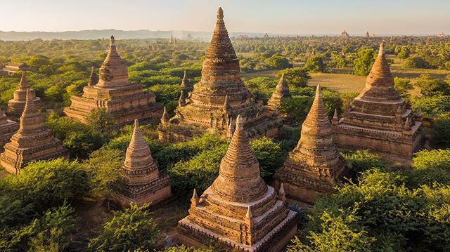 An evening fog blankets a valley of over 2000 Buddhist temples in Burma.