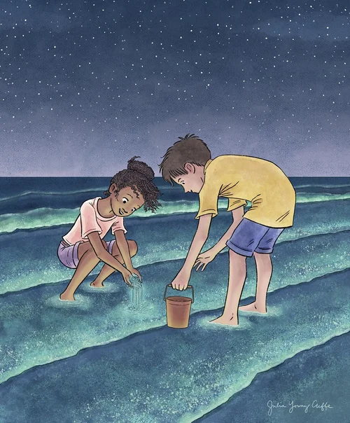 Magazine illustration by Julia Young Cuffe of two kids playing in the ocean at dusk