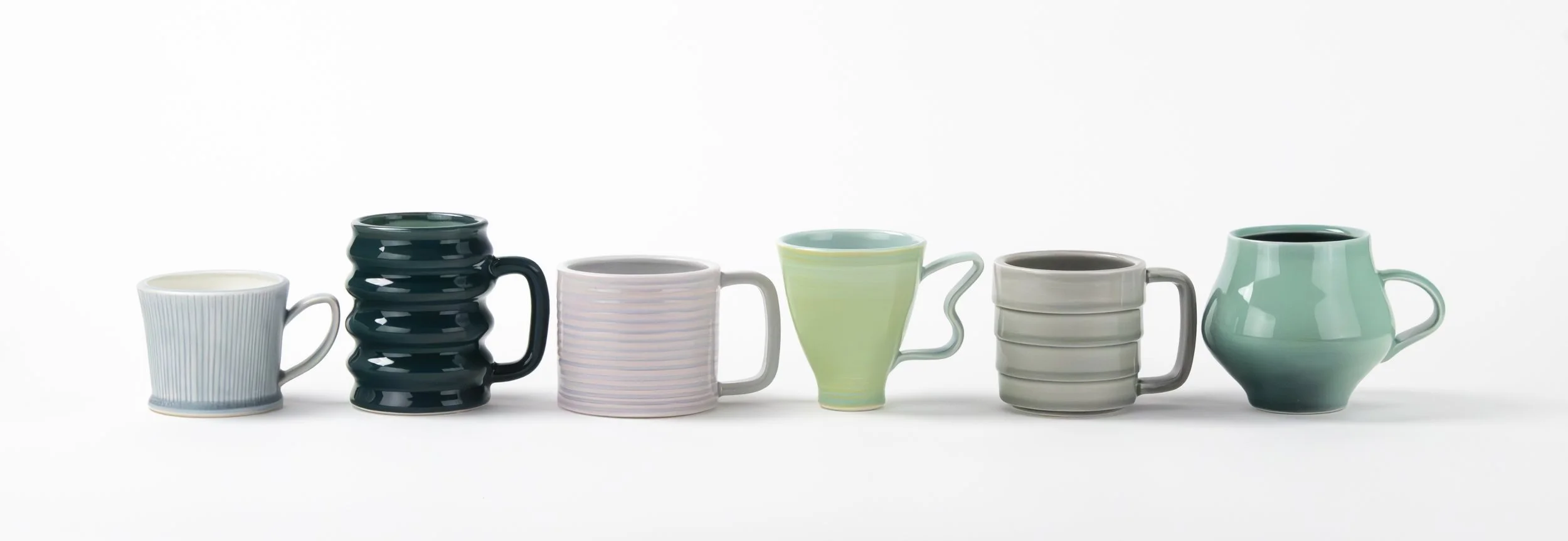 Mug Collection, Thrown Cone 9 Oxidation Porcelain, Tallest Mug: 6" H x 3.5" W x 3.5" D