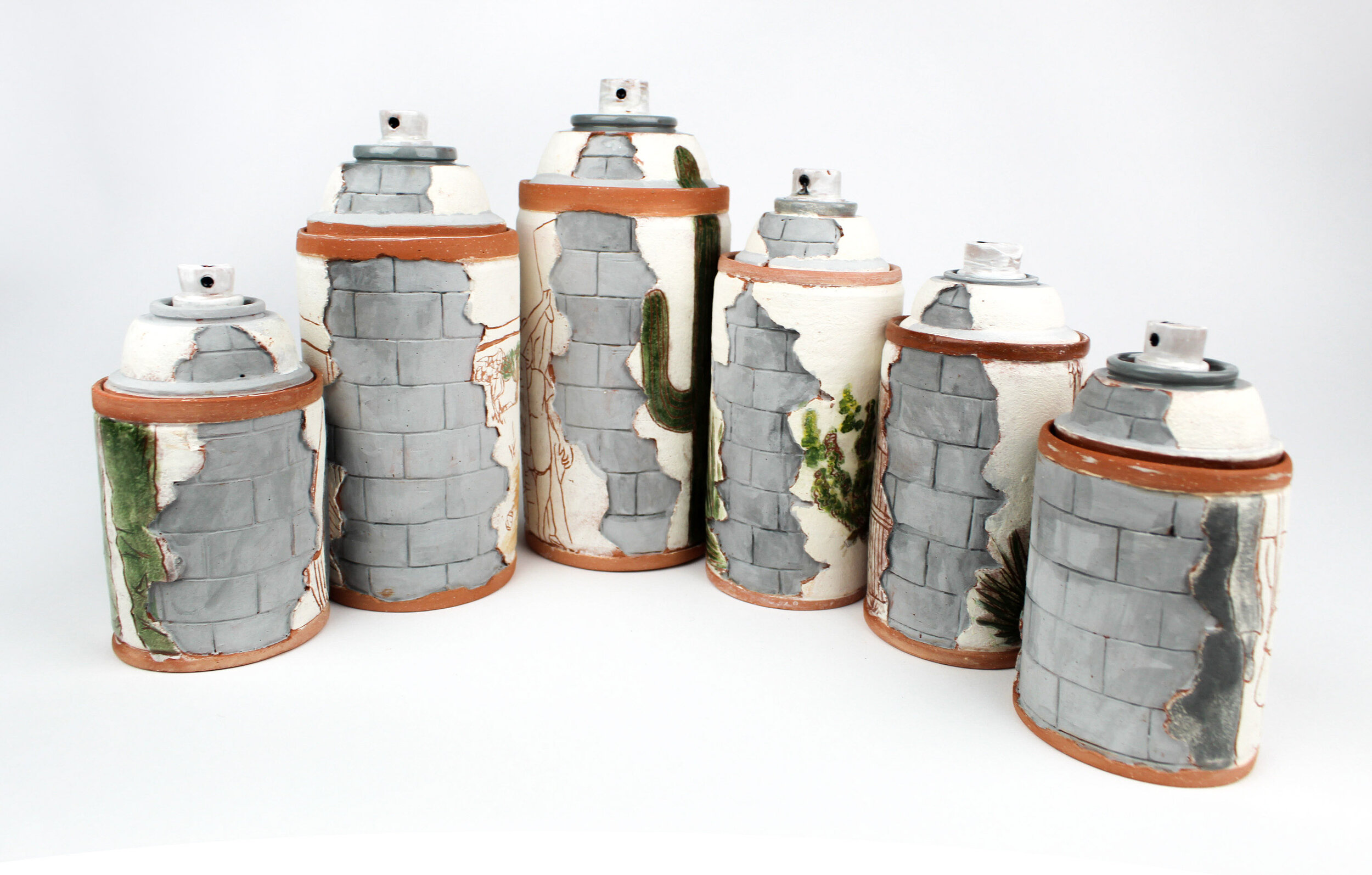 Thrown Spray Cans, Cone 04 Terra Cotta, Underglaze, Glaze, Largest Can: 9" H x 3.5" W x 3.5" D