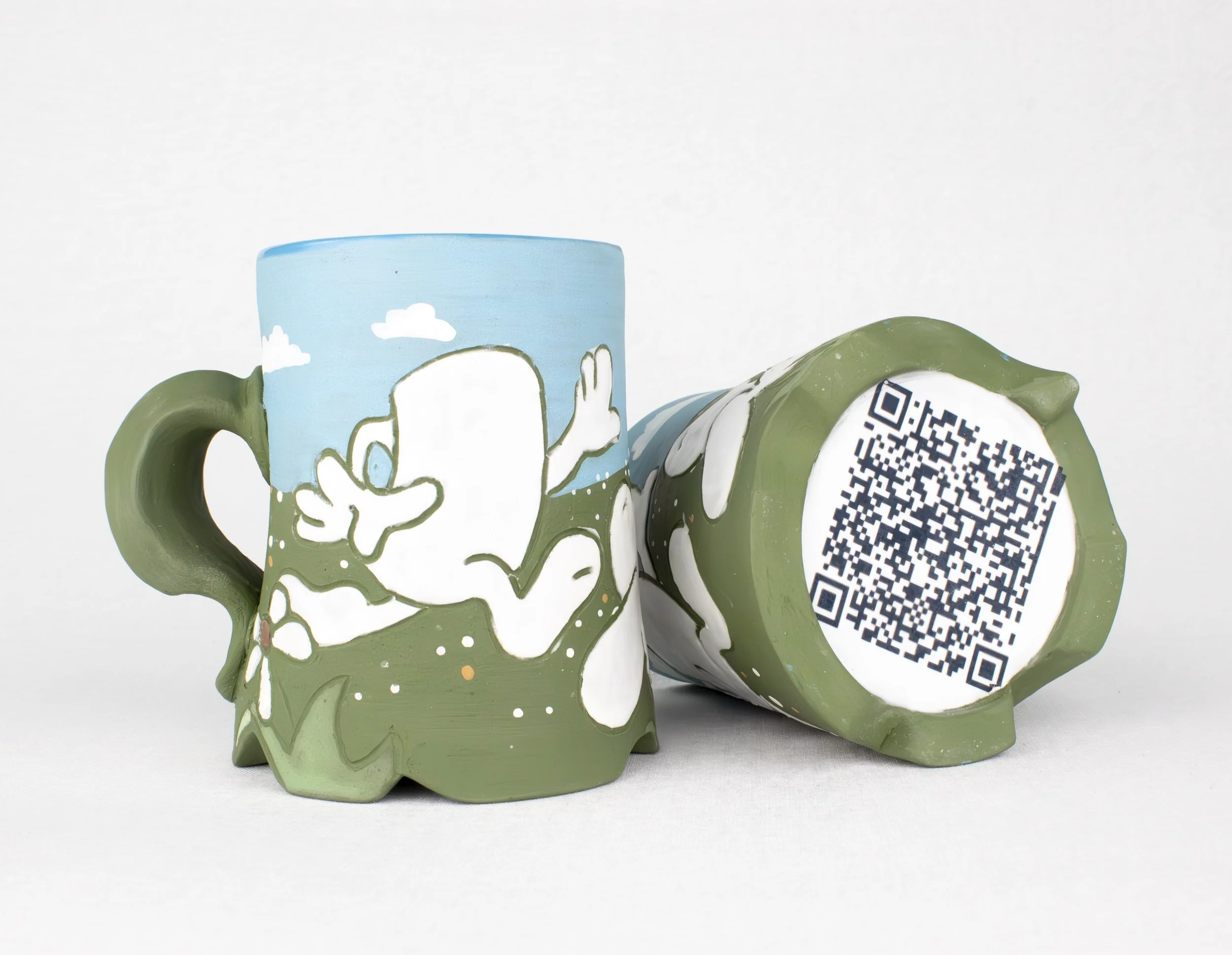 Cone 6 Thrown and Altered Mugs, Underglaze, Glaze, QR Code Decal, 5.25" H x 4" W x 3.25" D, Accompanying Student-Made Animation Please Click on Image