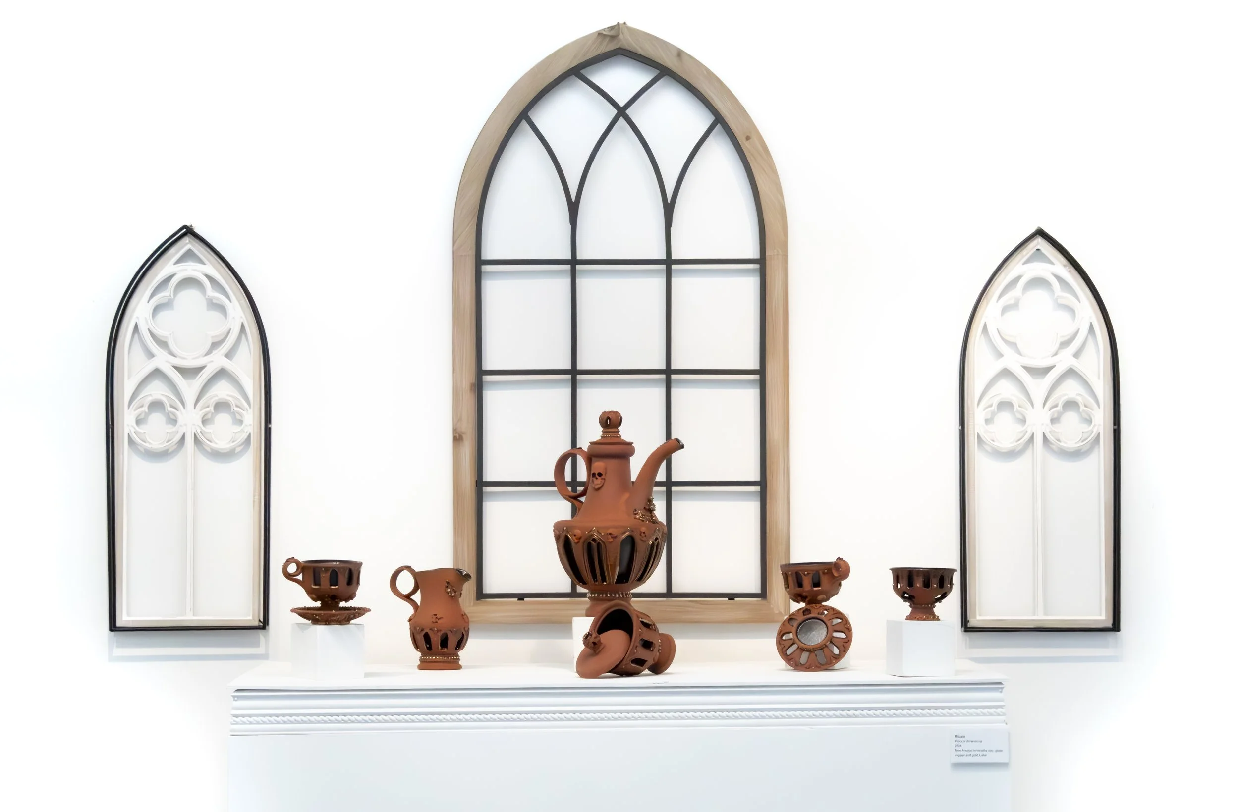 Cone 04 Thrown Terracotta, Sprigs, Glaze, Luster, Found Frames, Molding, Large Pouring Vessel: 9.75" H x 4.5" W x 6" D
