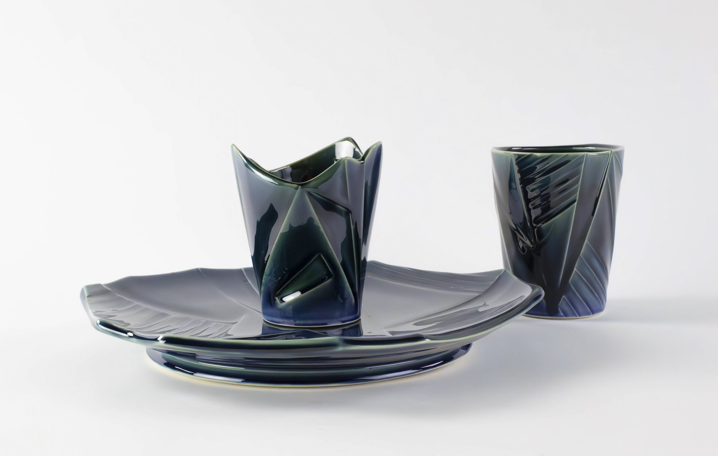 Cone 10 Porcelain, Thrown and Altered, Water-Etched, Cup: 5" H x 3" L x 3"D 