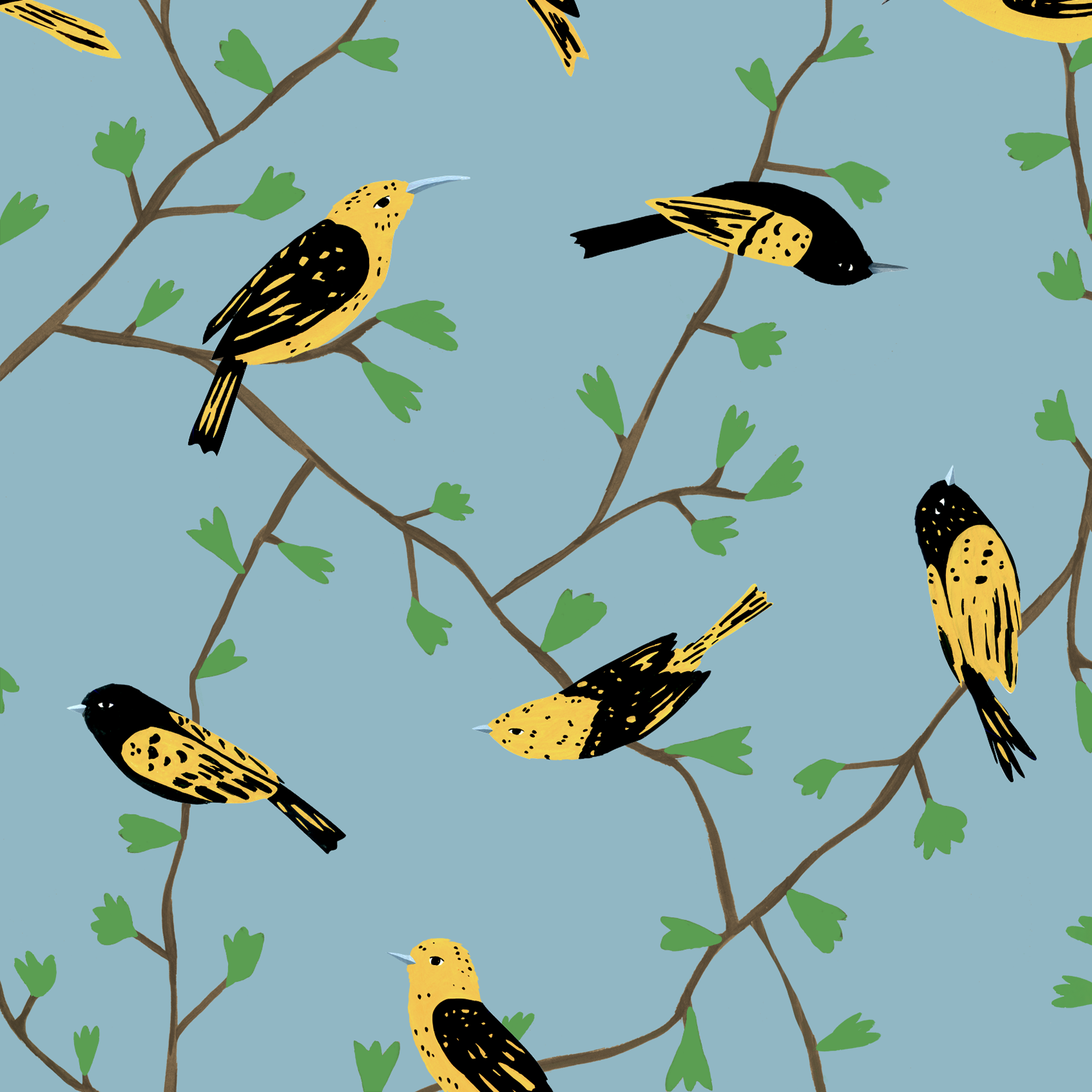 melissa boardman yellow birds in vines pattern blue.png