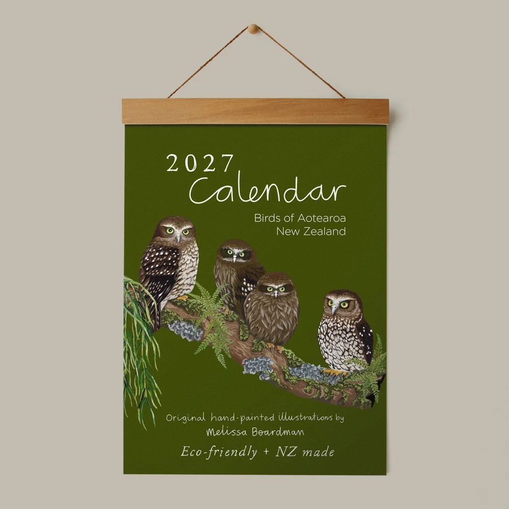Wooden hanger A3 New Zealand bird illustrations calendar 2027 (Pre-order) | NZ made and eco friendly