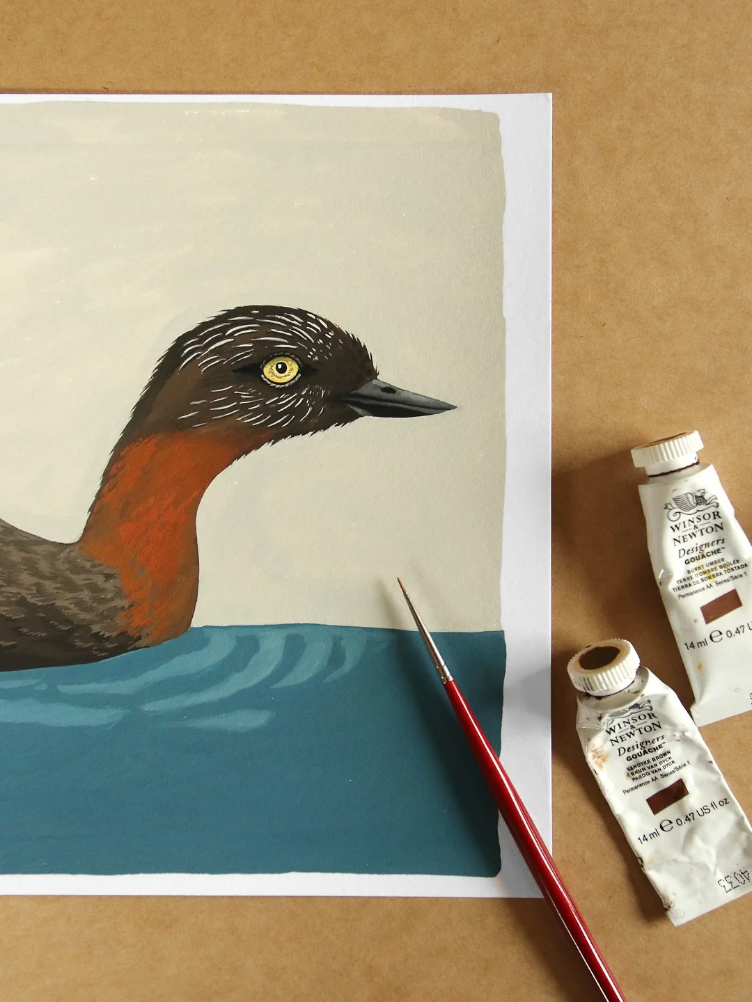 Weweia / dabchick on lake | NZ Bird Original Hand-painted Gouache Illustration