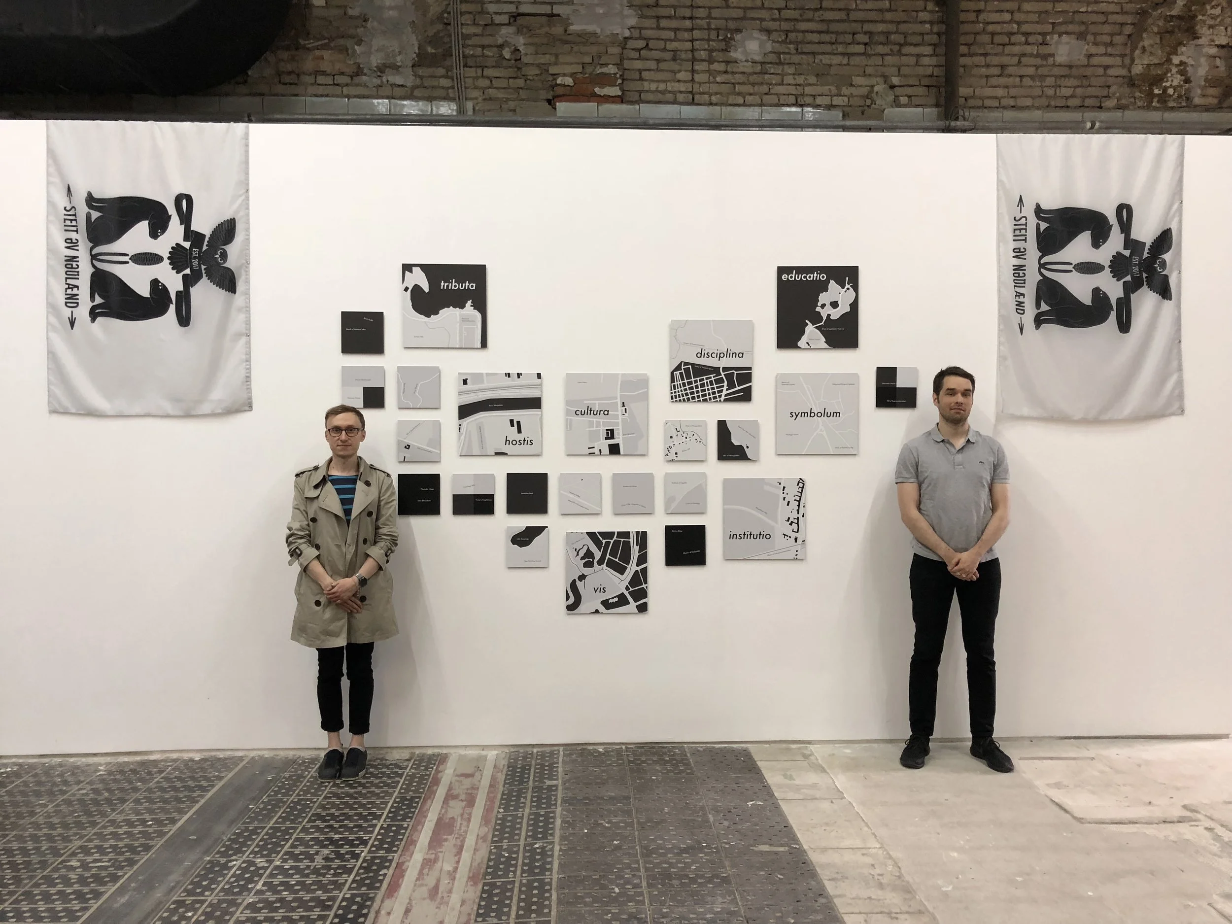 "The Diplomatic Mission of State of Noland in Russian Federation", installation (24 aluminium prints and 2 printed flags), 2018 